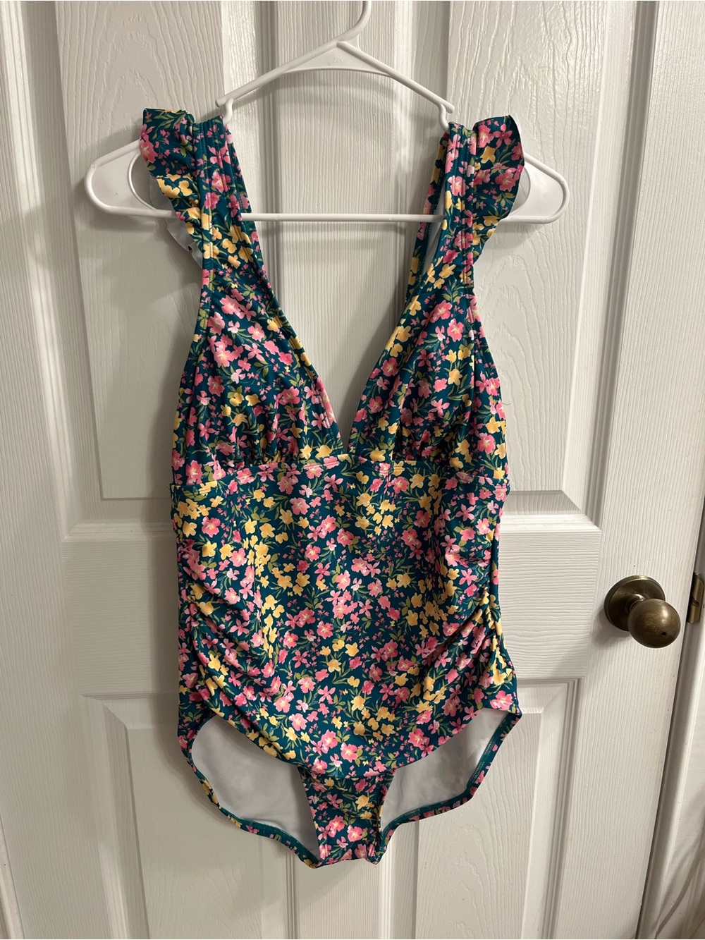 Kona Sol Teal Floral One-Piece Swimsuit with Pink and Yellow Flowers